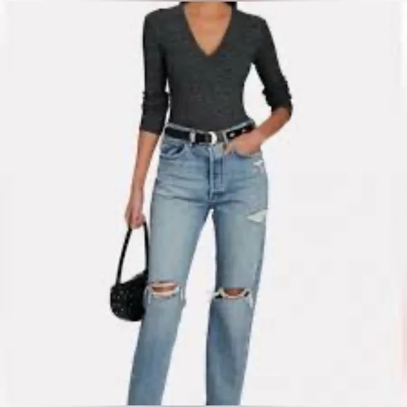 AGOLDE Tavi Mélange Rib Knit  V Neck Sexy  Bodysuit Size Medium - Picture 13 of 13